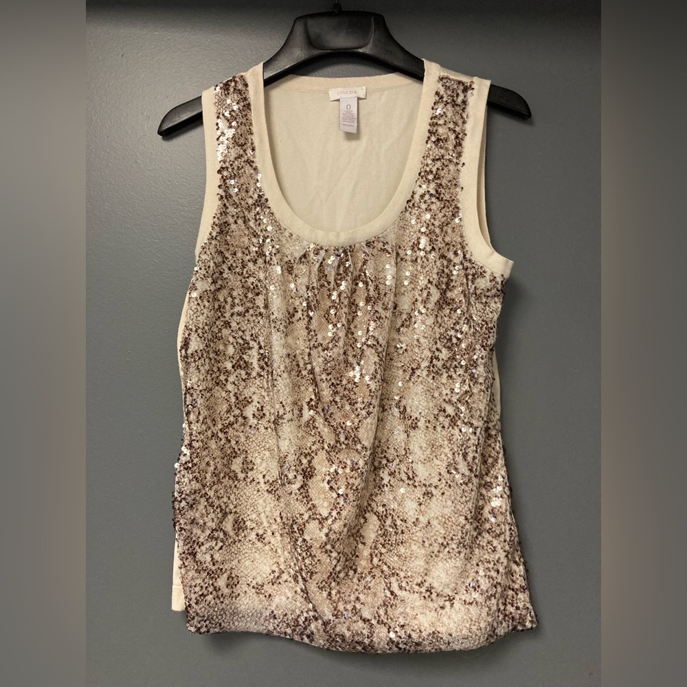 💛TODAY***$15***Chico’s beige tank top with brown and opaque hand sewn sequins.